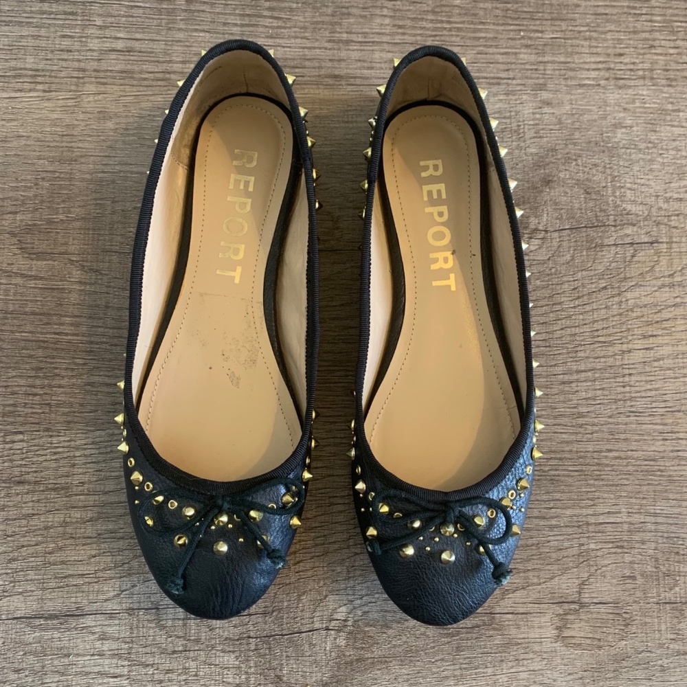 Report Gold Spiked Black Leather Ballet Flats
